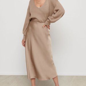 ‼️ SOLD ‼️ Tan Satin Midi Skirt